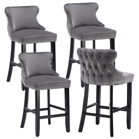 Flint Grey Velvet Kitchen Bar Stools and chair with Studs set of 4